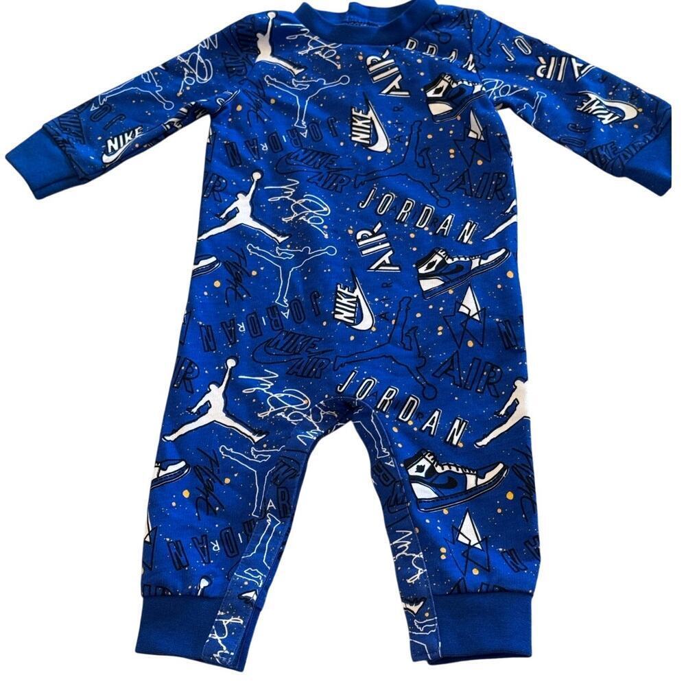 Jordan Baby One Piece Blue Black White Long Sleeve Snap Bottom Baby Boy 6 Mos